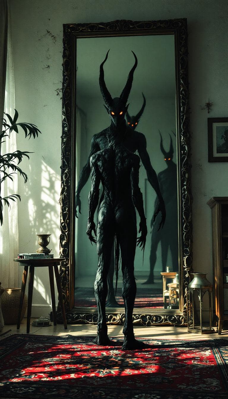 AI generated: "POV first-person. I am a male djinn, standing in front of a mirror in a bright, modern Iranian home...
