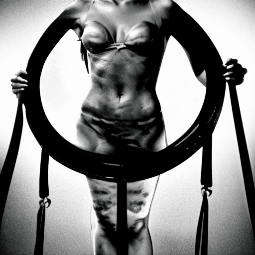 AI generated: black and white image of a sexy topless dominatrix wearing leather with a circular background