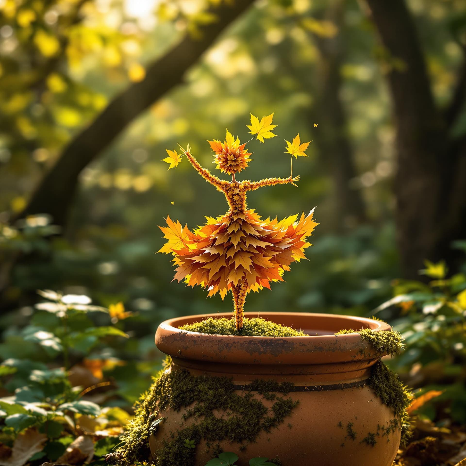 AI generated: A whimsical miniature figure composed of delicately arranged autumn leaves, poised in a carefree dan...