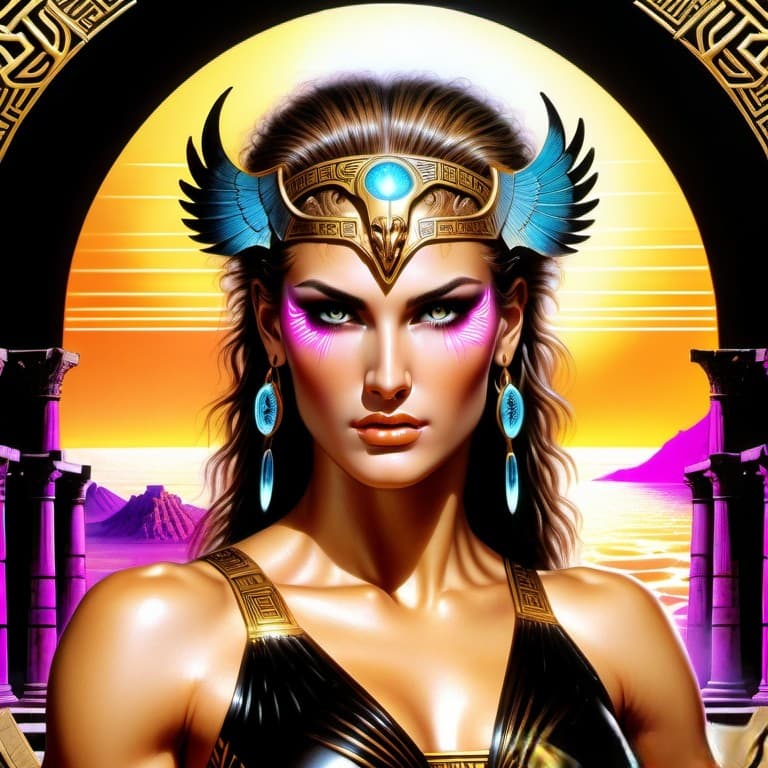 AI generated: A highly detailed portrait of a beautiful ancient greek mythology goddess, in a retrowave style, sha...