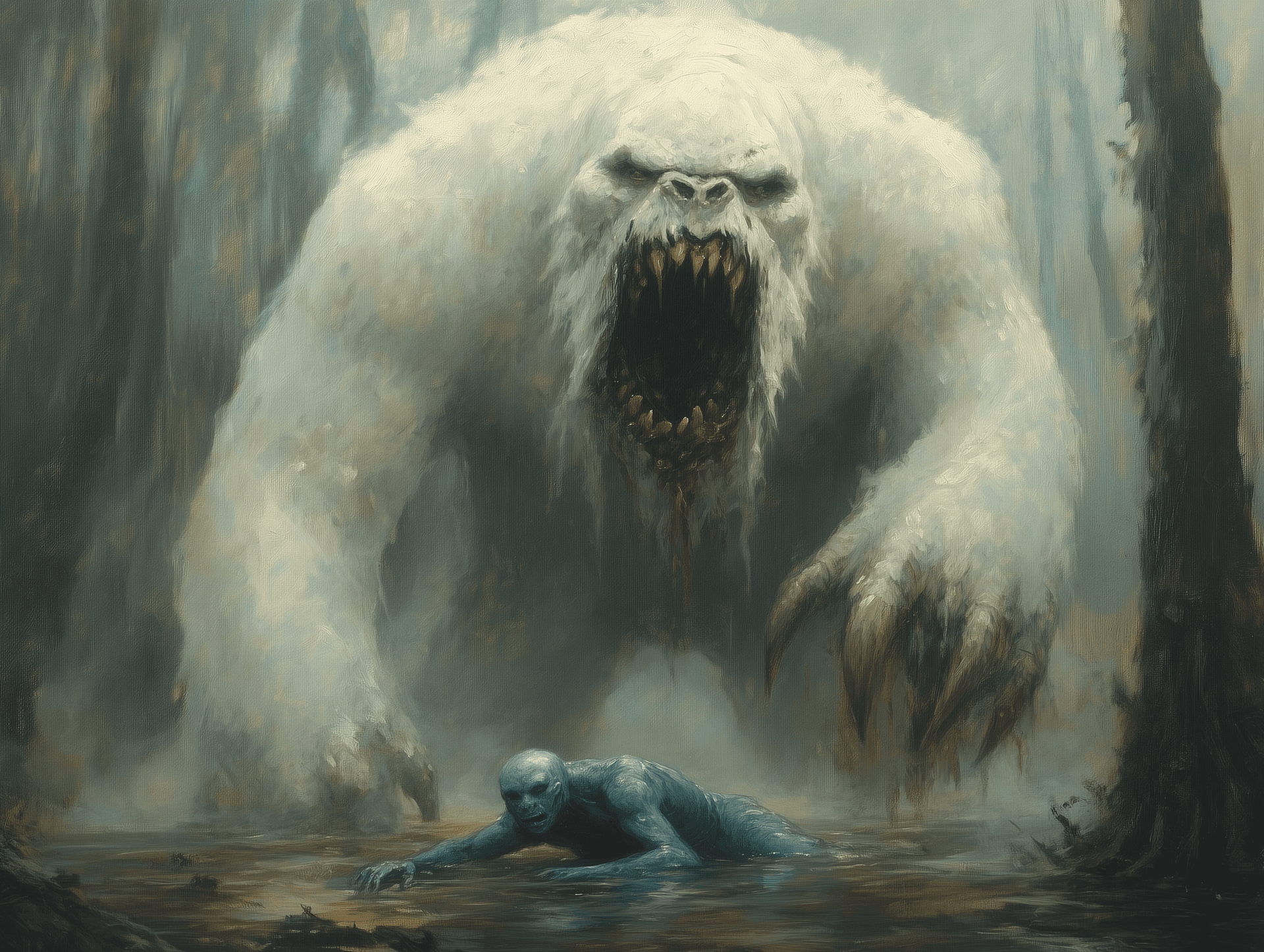 AI generated: A white golem, standing in the water of an ancient swamp, with its mouth open and two large fangs dr...