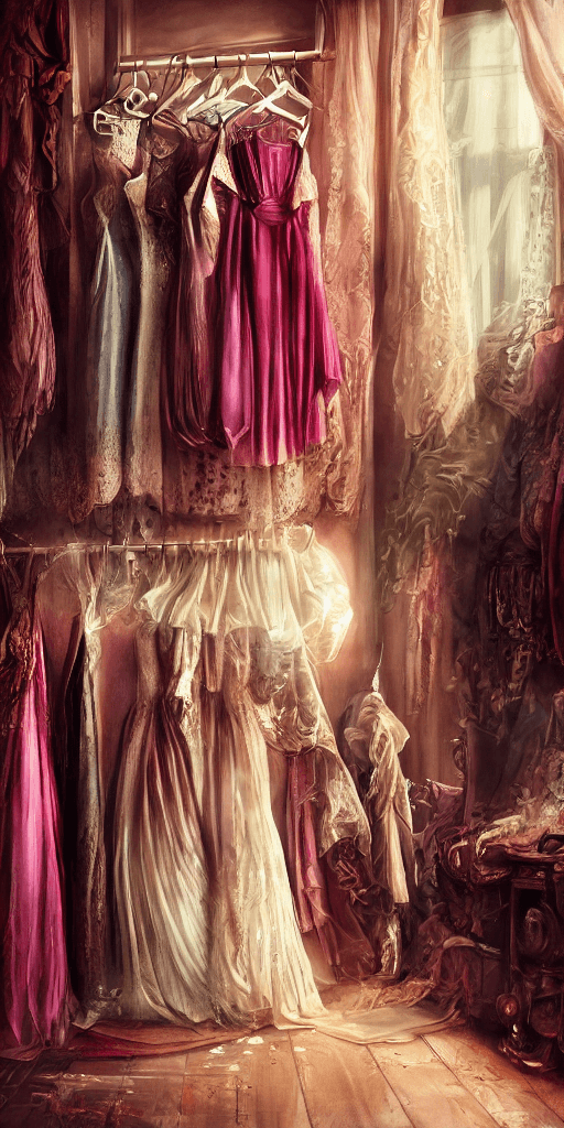 AI generated: The clothes in the wardrobe, the most gorgeous clothes, are confident, radiant, ten times beautiful,...