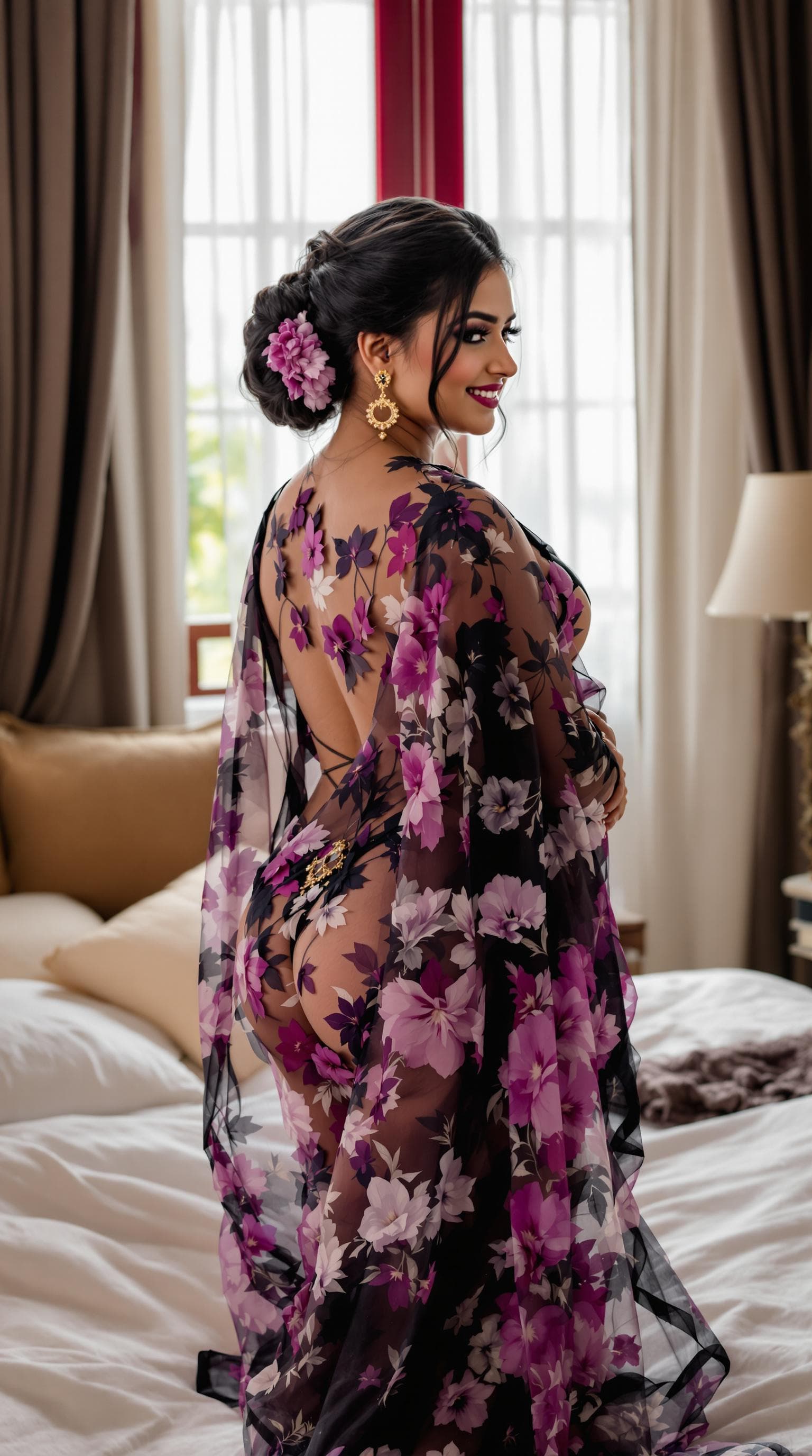 AI generated: a full side front view boobs  realistic looking at her back to the  with sexy smiley face  a slightl...