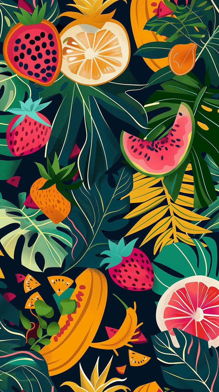 AI generated: illustration, tropical, bold, various tropical fruits with plants --ar 9:16
