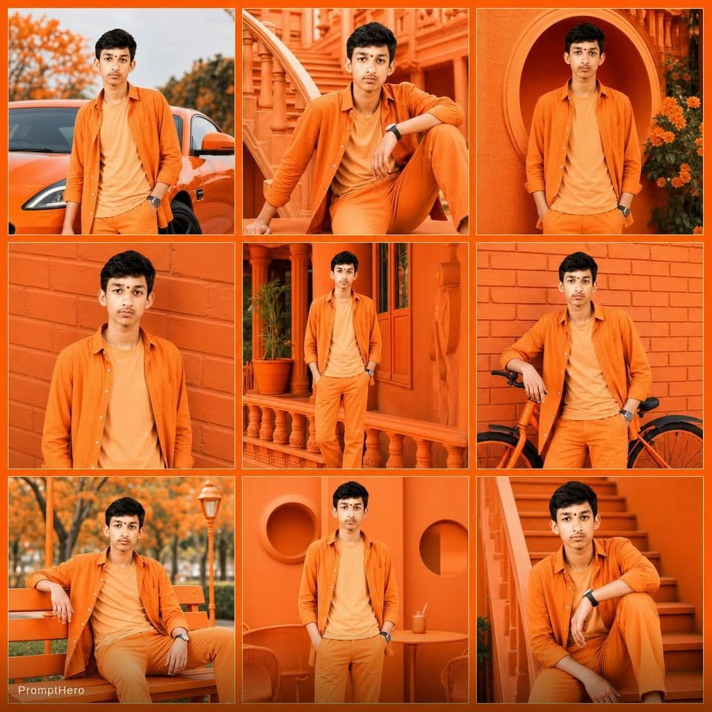 AI generated: A collage of 9 editorial-style photos with an orange color theme. The background, all objects, items...