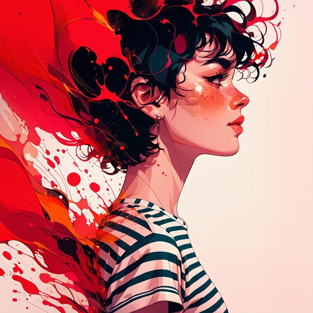 AI generated: portrait of a female, illustration, upper body and face, casual striped t-shirt and short curly hair...