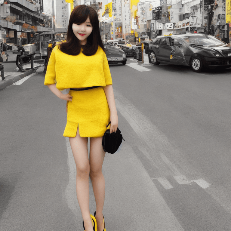 AI generated: beautiful Korean Doll wearing yellow mini skirt and black high heels