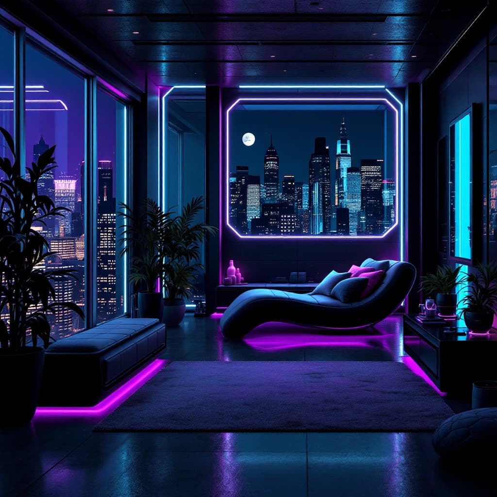AI generated: cyberpunk living room There are windows on the left and right sides of the room, with view of a futu...