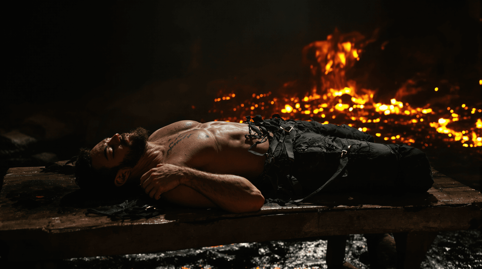 AI generated: a man (bodybuilder) in fealthy and tattered black pants, sleeps on his back on a wooden table. he is...