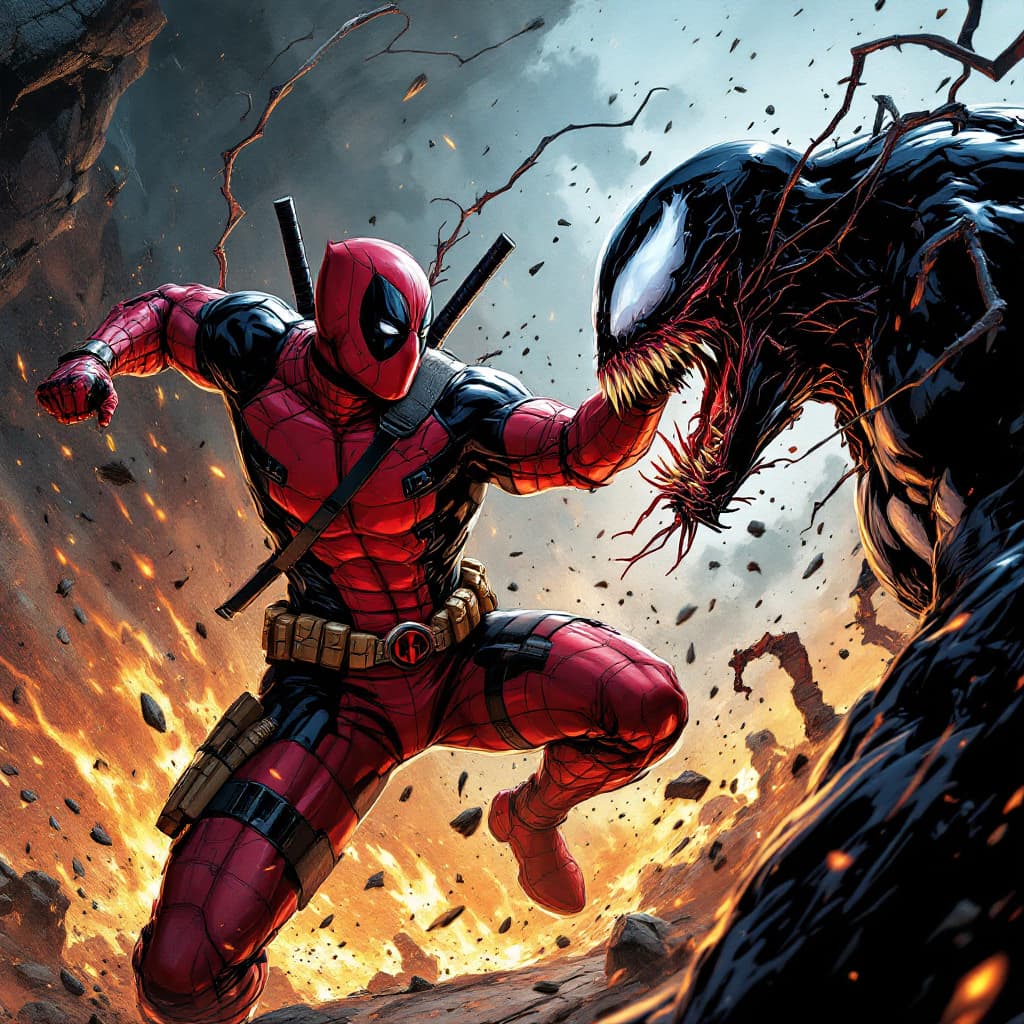 AI generated:  Render a hyper-detailed, dynamic art of  Deadpool in combat with Venom,  