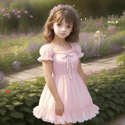 AI generated: Beautiful young girl in frilly short dress in a blooming garden