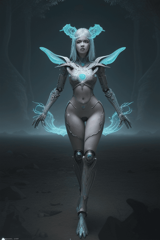 AI generated:  A young sorceress, transported in other world, the land of robots, while looking for her way home, ...
