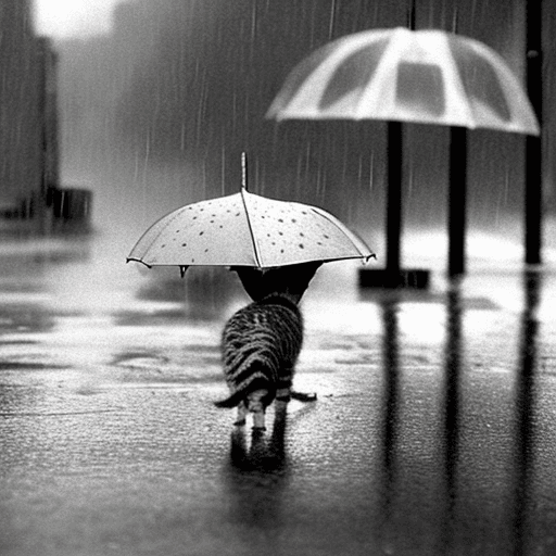AI generated: A small, black-and-white spotted kitten walks alone in the rain, its fragile body drenched as water ...