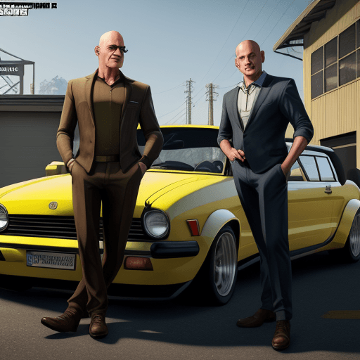 AI generated: a picture in the style of a gta 5 poster game, GTA V, 8k, UHD, HDR, two men in front of a wolkswagen...
