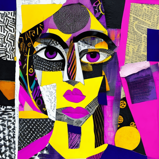 AI generated: A mixed media collage featuring an abstract female figure with expressive eyes, adorned in vibrant p...