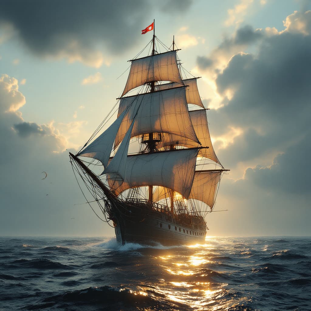 AI generated: Photo of a ultra realistic sailing ship, dramatic light, pale sunrise, cinematic lighting, battered,...
