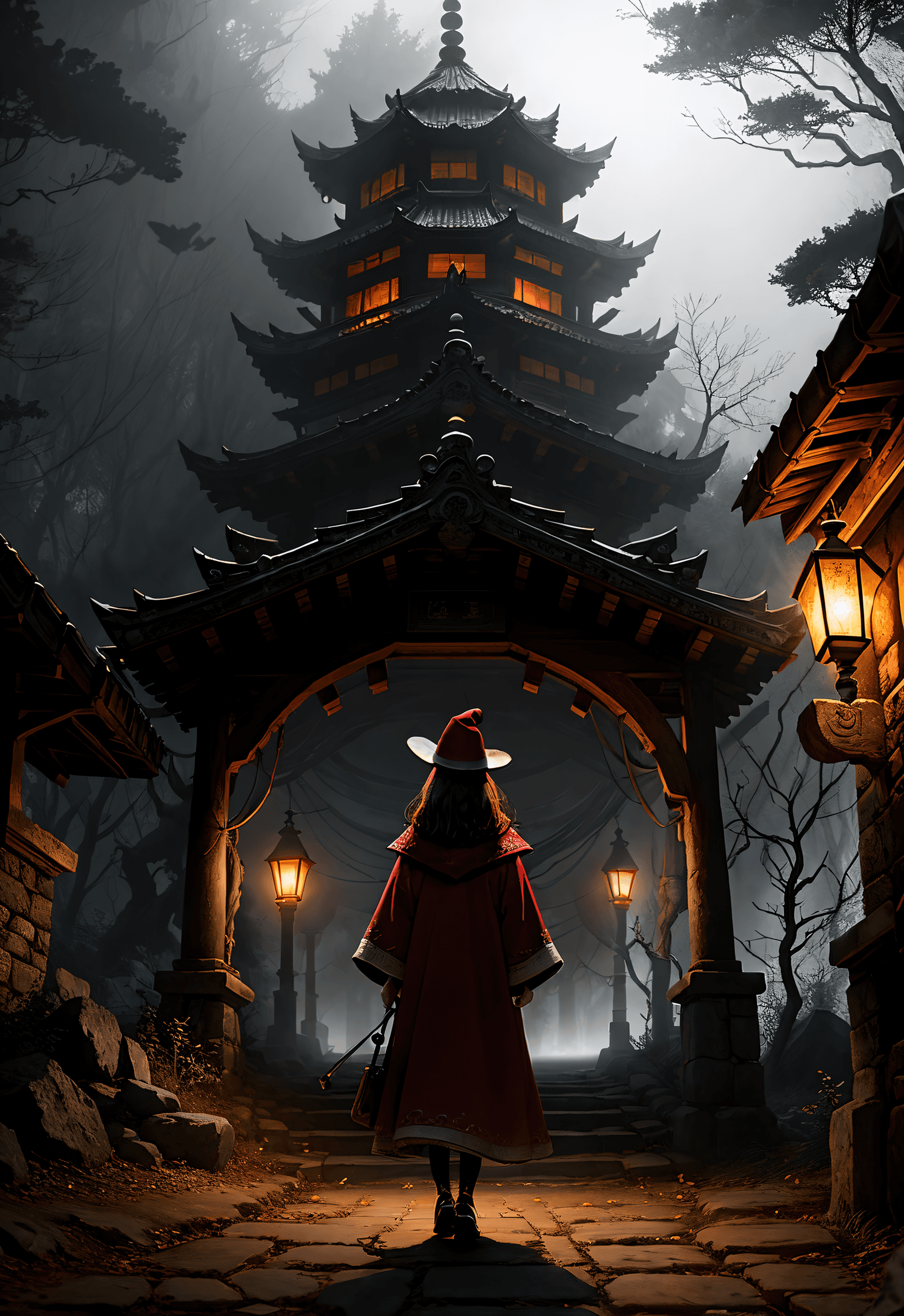 AI generated: (best quality, masterpiece), 1girl, elf, robe, wizard hat, deep forest, ruined temple, lantern, nigh...