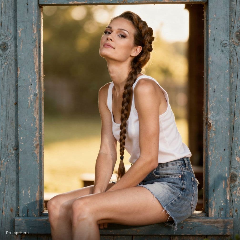 AI generated: young, tall, slim, Woman sitting in rustic blue window frame, white tank top, denim shorts, head til...