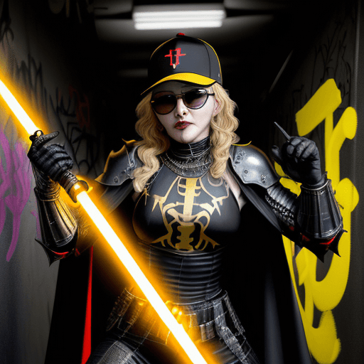 AI generated: Madonna as a mummified demon priest who is apparently immortal is holding a lightsaber and faces wit...
