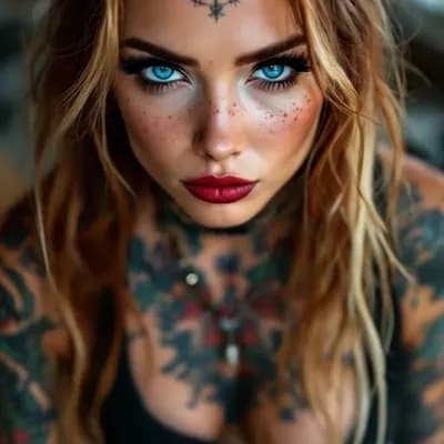 AI generated video: Incredibly beautiful Norwegian woman blue eyes, long eyelashes, mascara black eye liner, freckles. D...