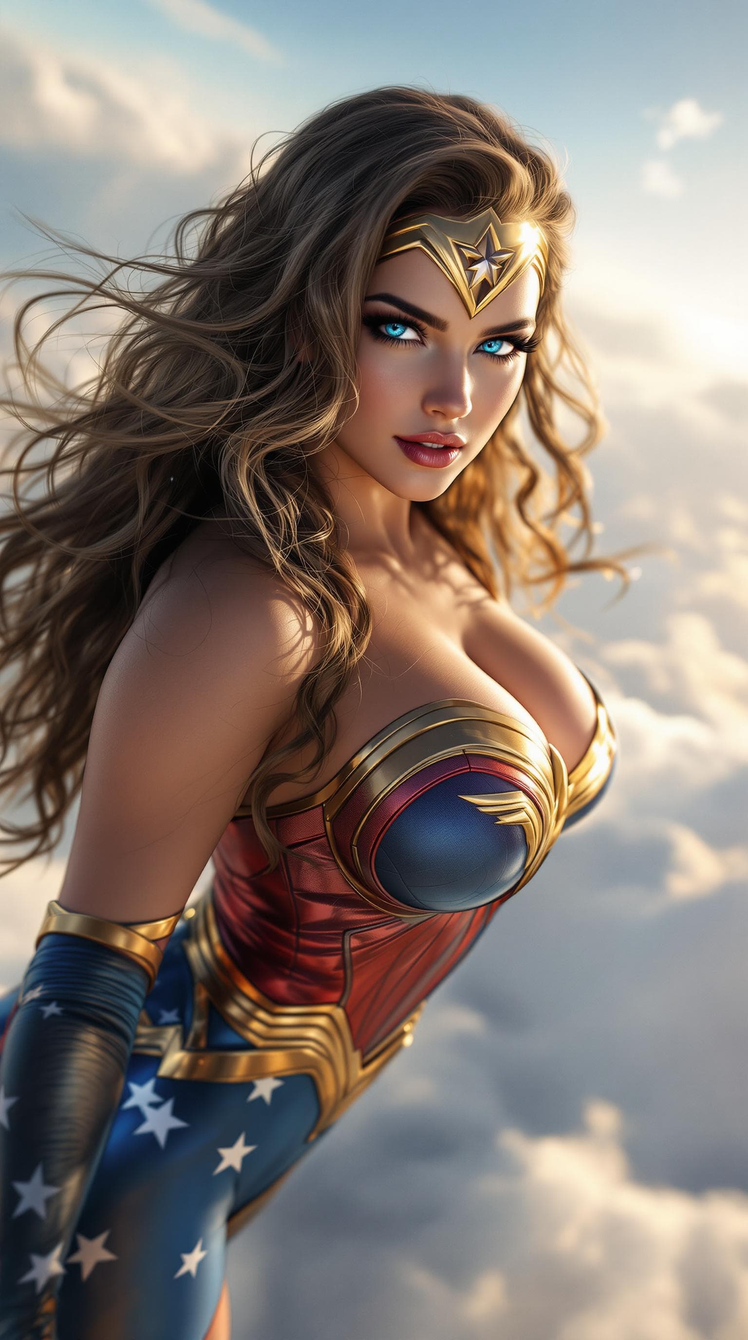 AI generated: full body side view, portrait of a photo-realistic beautiful curvy 38-year-old female with long wavy...