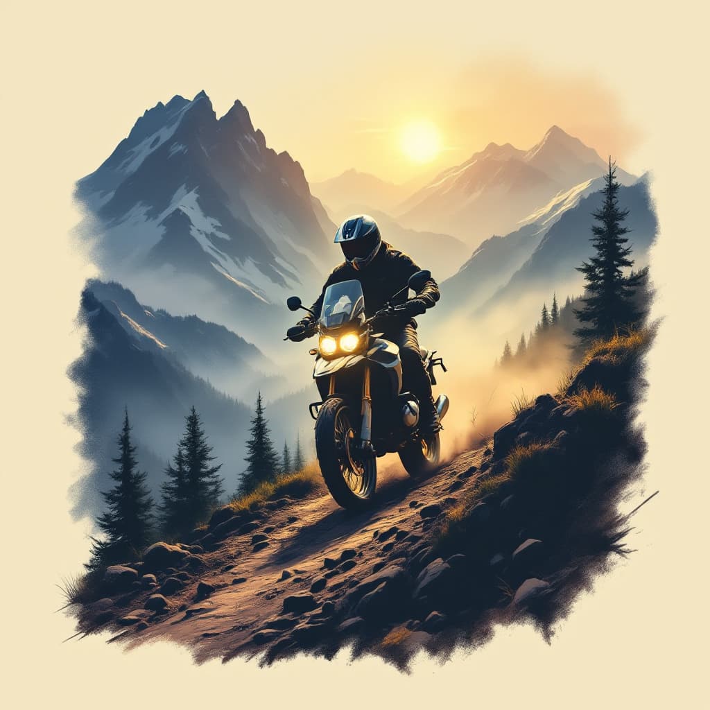 AI generated: T-Shirt , Off-Road BMW GS motorcycle riding trough a mountain 