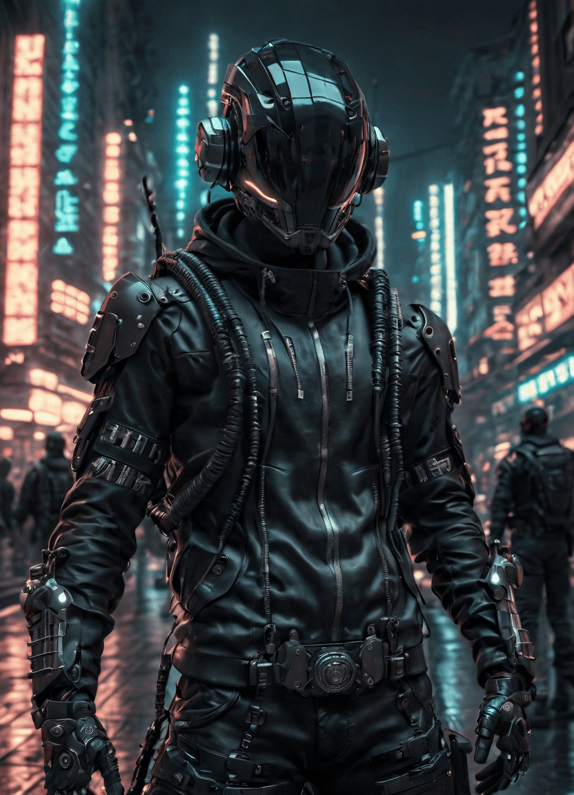 AI generated: Masterpiece, full-body shot, intricate raw photography. Cyberpunk, realistic, highly detailed 3D ren...