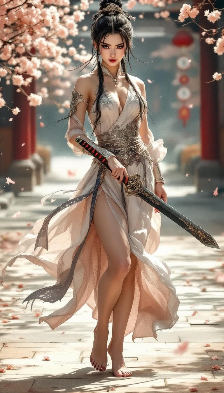 AI generated: Graceful Chinese warrior, Amazon inspiration, barefoot, full body view, focus on perfect feet perfec...