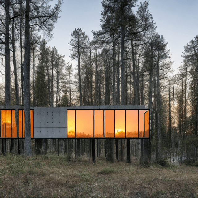 AI generated: a house, where walls are made of windows, in brutalist style, at sunset in the middle of the forest