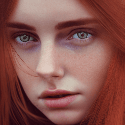 AI generated: Close-up photo of a beautiful Irish girl, adorable face, red long layered hair, no makeup, realistic...