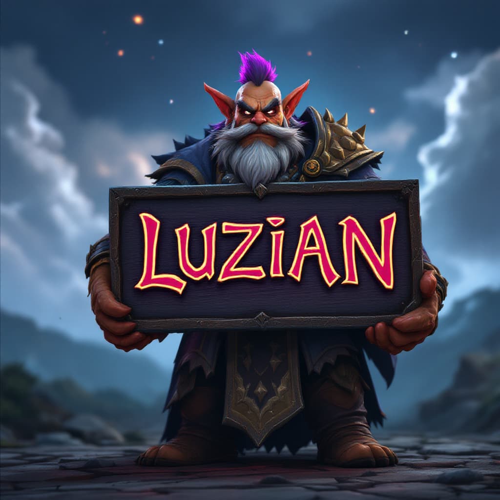 AI generated: World of Warcraft game character holding a sign with stylised text that says "Luzian". photorealisti...