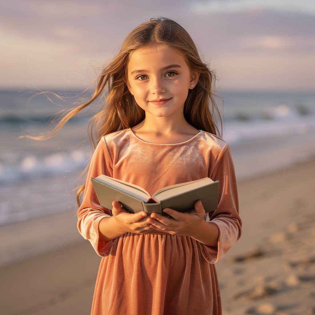 AI generated: create a photo of a girl with long light brown hair, standing on the seashore with a book in her han...
