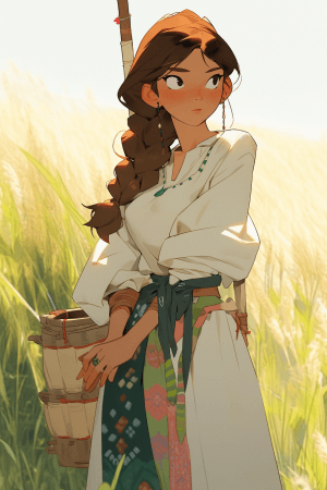AI generated: A whimsical anime peasant from the rustic Joseon dynasty with a simple daisy hairpin and a straw bas...