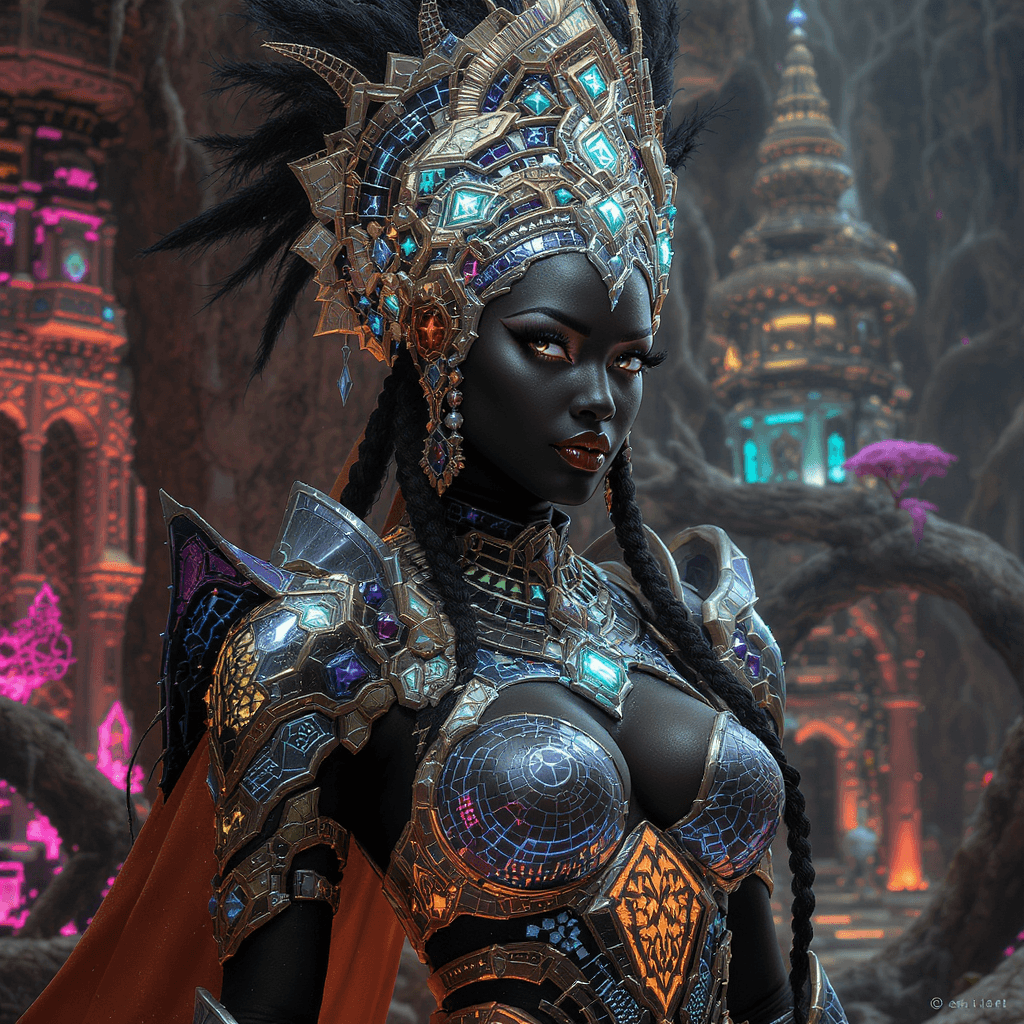 AI generated: “holographic kaioken vibranium armor, GOD energy core”: “Elite Afrofuturist Ceremonial warrior queen...