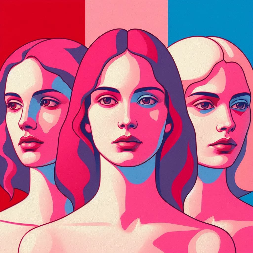 AI generated: THREE WOMEN, with a pink and red background on a blue sky, in the style of David Hockney. Pastel col...