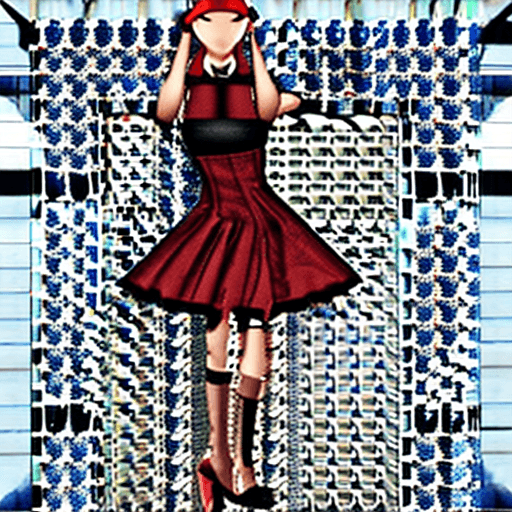 AI generated: The image features a woman wearing a blue grey hat, a blue grey dress, and red nail polish. She is p...