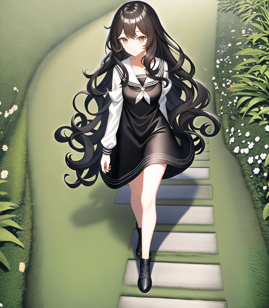 AI generated: (perfect anime illustration), 1girl, curly hair, long brown hair, (black sundress, white sleeves, sa...
