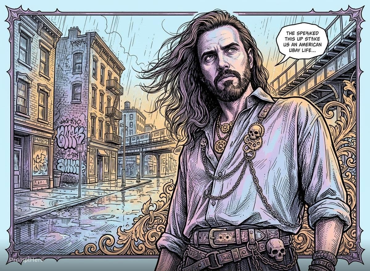 AI generated: comics by junos koralka pg, in the style of pastel goth, light sky-blue and amber, filippino lippi, ...