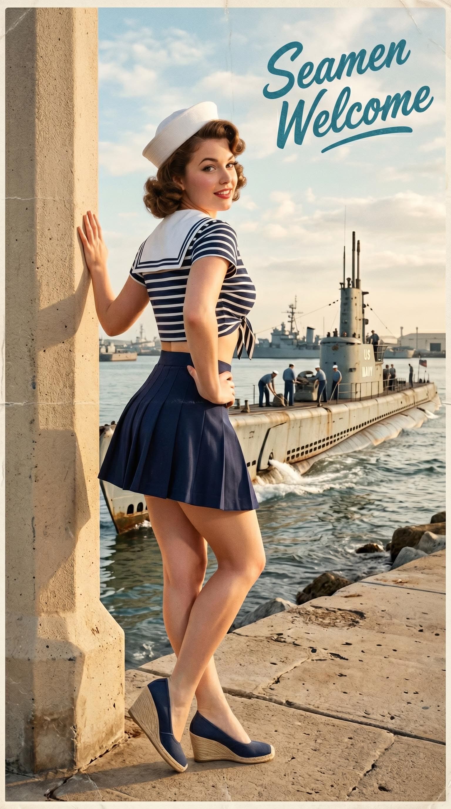 AI generated: Retro 1950s pin-up photograph: a glamorous fit and curvy American female model in a blue-and-white s...