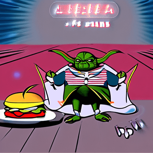 AI generated: (very super fat Yoda:1.2)with fat man's belly, in the ring, on the floor of the ring, there are hund...