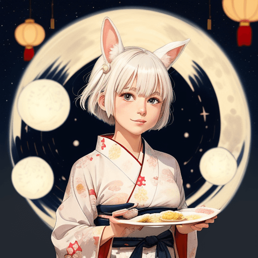 AI generated: n illustration of a girl with short white hair and rabbit ears, wearing a traditional Japanese yukat...