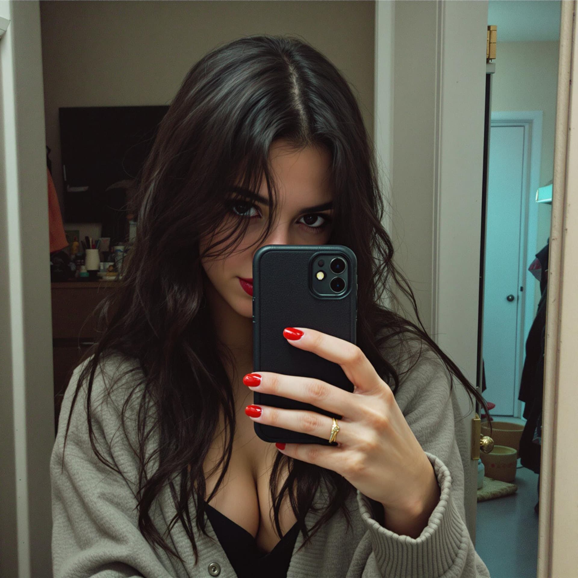 AI generated: low quality phone photo, , a girl realistic, atracttive, alone, indoor, selfie mirror photo, darker ...