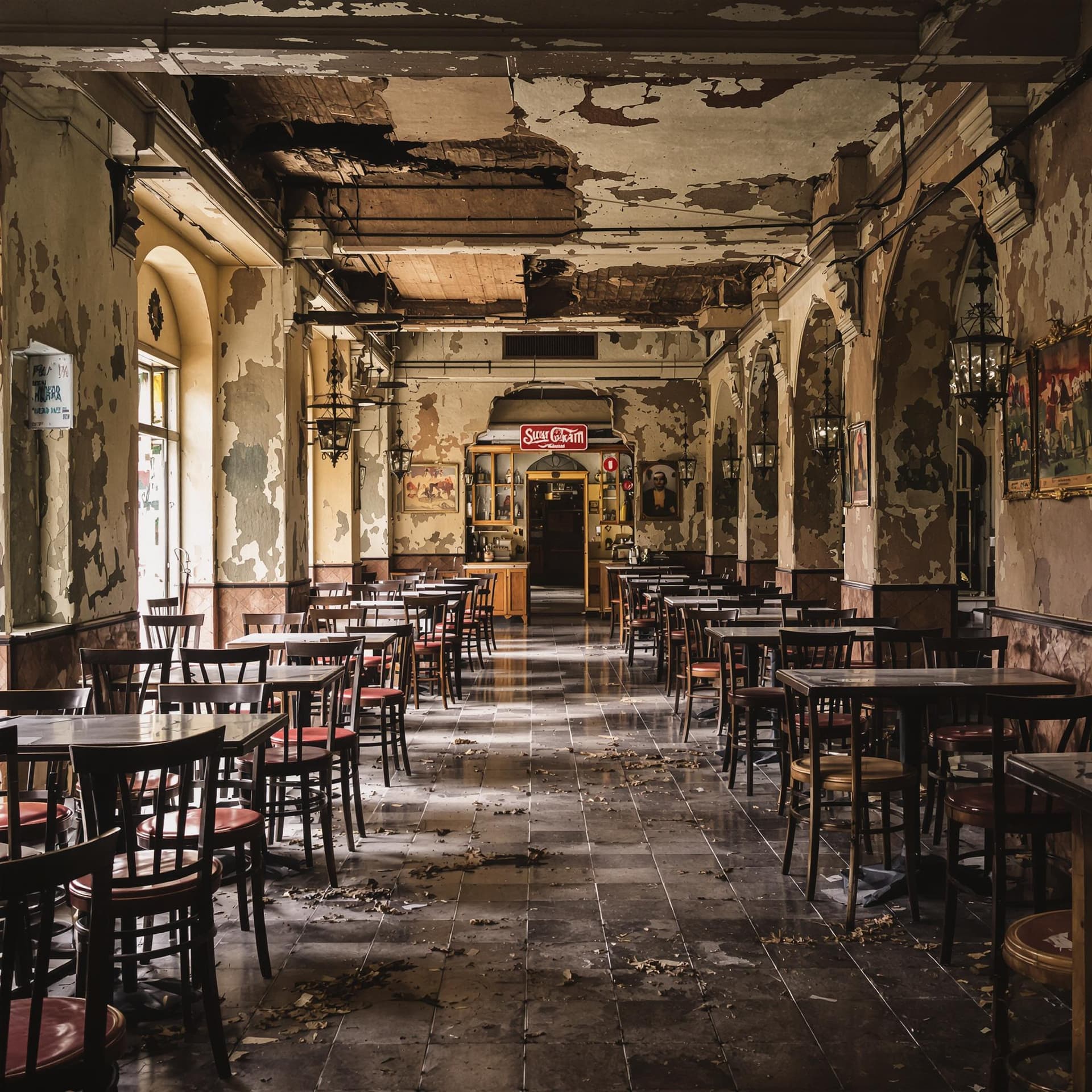 AI generated: A highly detailed, cinematic, realistic photograph of a very old, crumbling Indian restaurant from t...