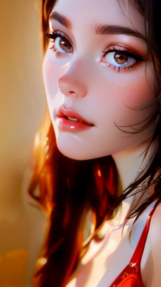 AI generated: Glam shot photo of a pretty lady, side view portrait, red dress, golden hour, digital colors, realis...
