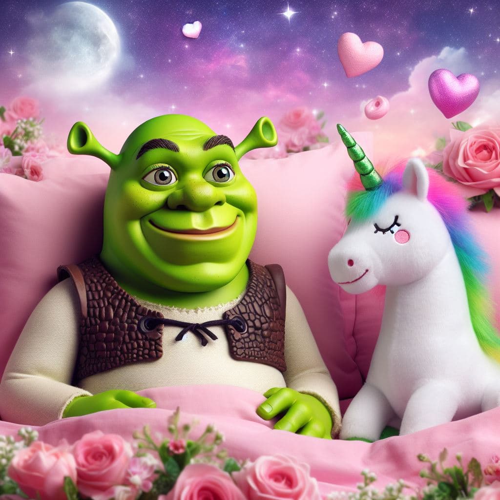 AI generated: Shrek Kawaii in a dream of unicorns, realistic
