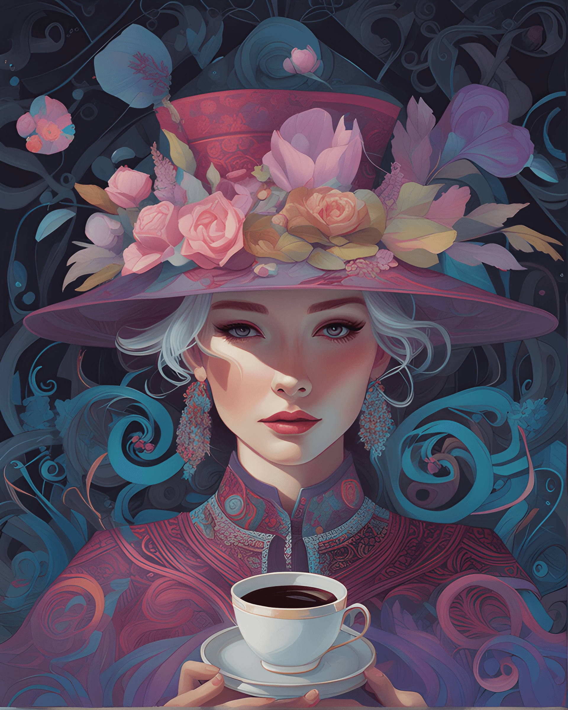 AI generated: a painting of a woman with a hat and a cup of coffee, jen bartel, beeple and jeremiah ketner, inspir...