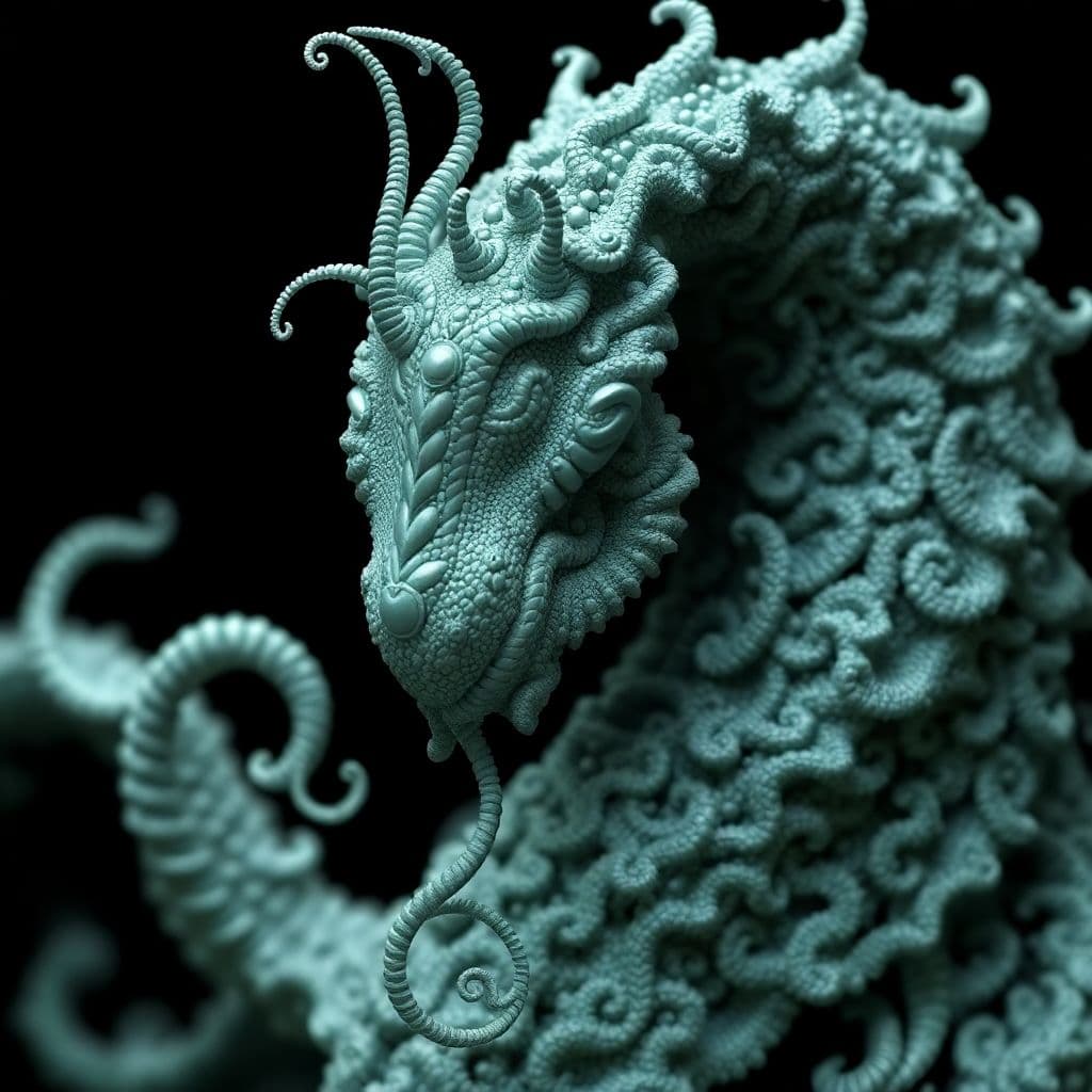 AI generated: close up dof render of a mythical creature made of detailed spiraling fractals and tendrils, detaile...