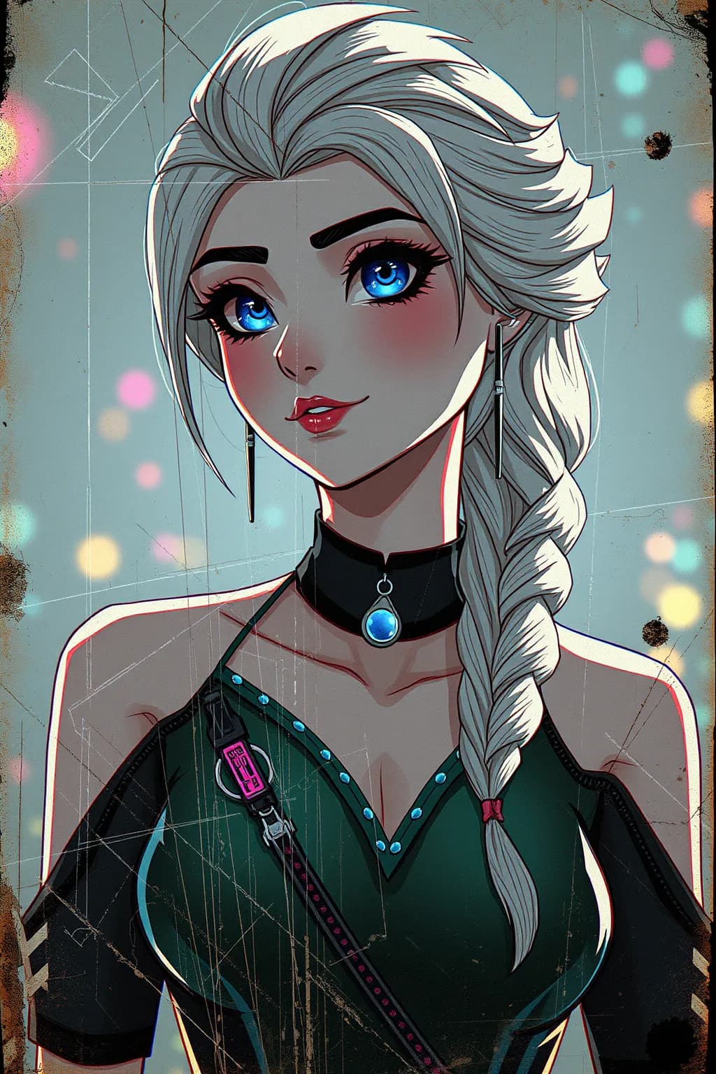 AI generated: An old scratched photo, Elsa Anime Cyber Punk Style