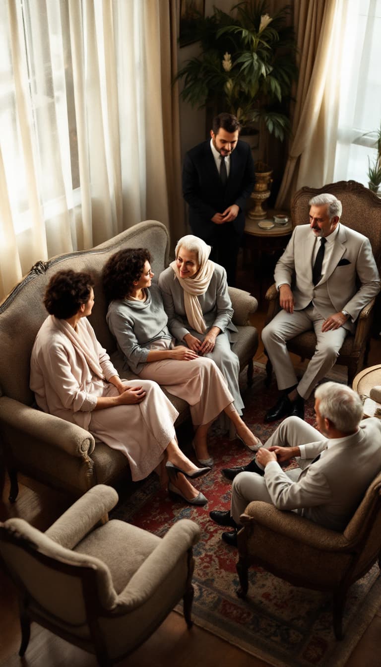 AI generated: A high-angle shot of a traditional Iranian engagement gathering in a spacious 1950s home. The living...