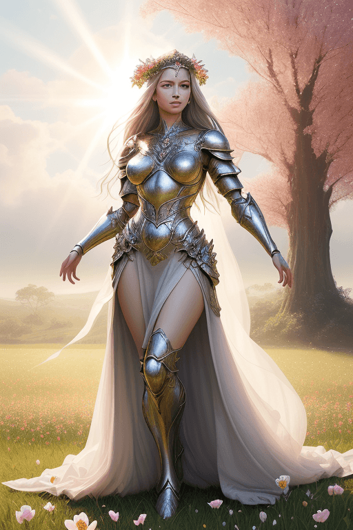 AI generated: hyperrealistic full length portrait of gorgeous goddess | standing in field full of flowers | detail...